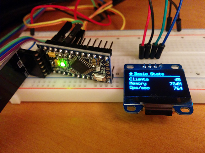 Arduino Pro Mini and OLED display on breadboard.